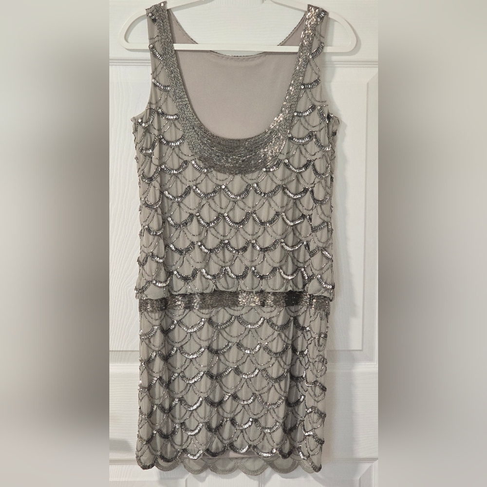 Adrianna Papell Fishscale Beaded Dress, Silver NEW